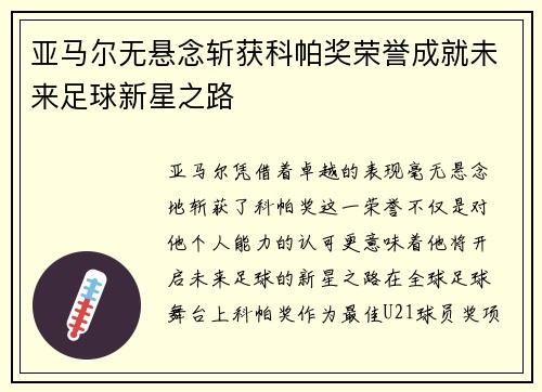 亚马尔无悬念斩获科帕奖荣誉成就未来足球新星之路